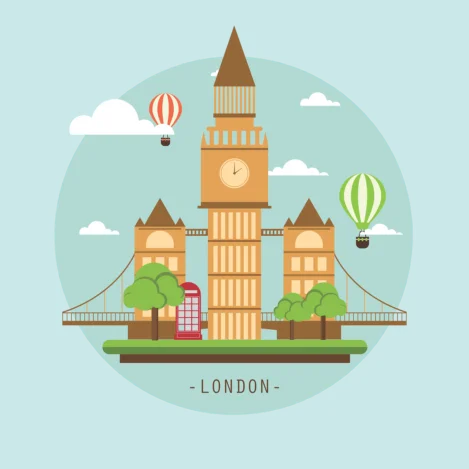 Grafische Darstellung von London mit dem Big Ben, zwei Heißluftballons, Bäumen, einer roten Telefonzelle und Wolken auf hellblauem Hintergrund